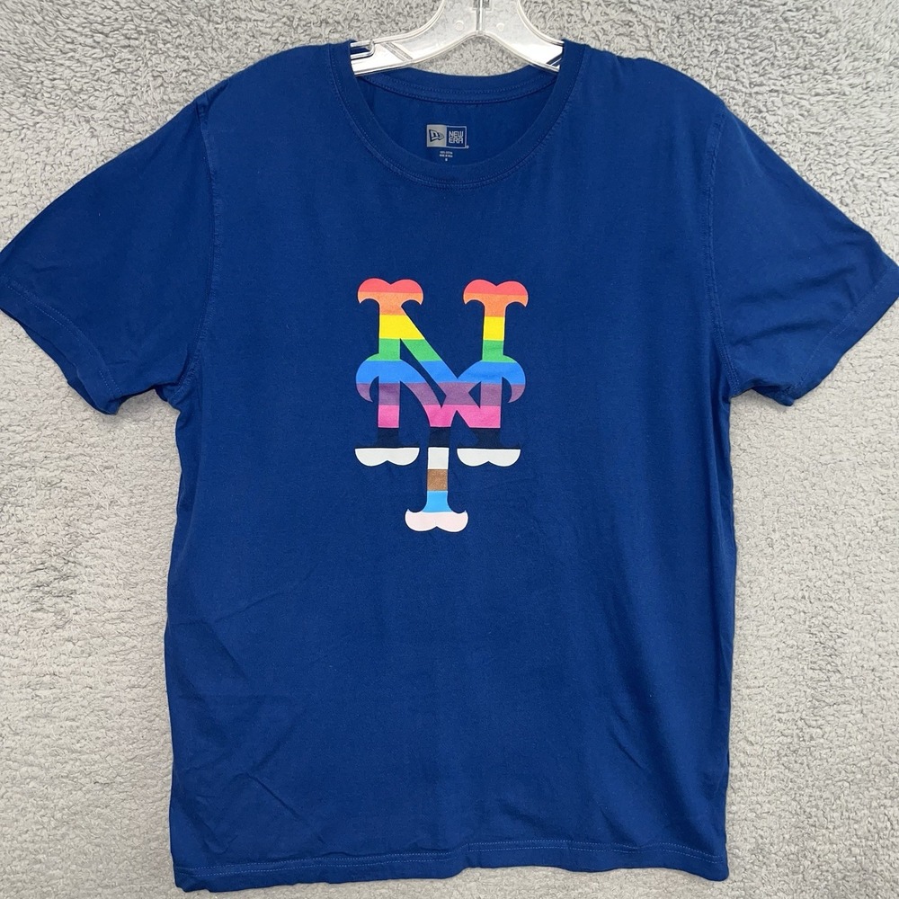 New Era New York‎ Mets T Shirt Men's Size Medium Blue Rainbow Pride Logo Tee